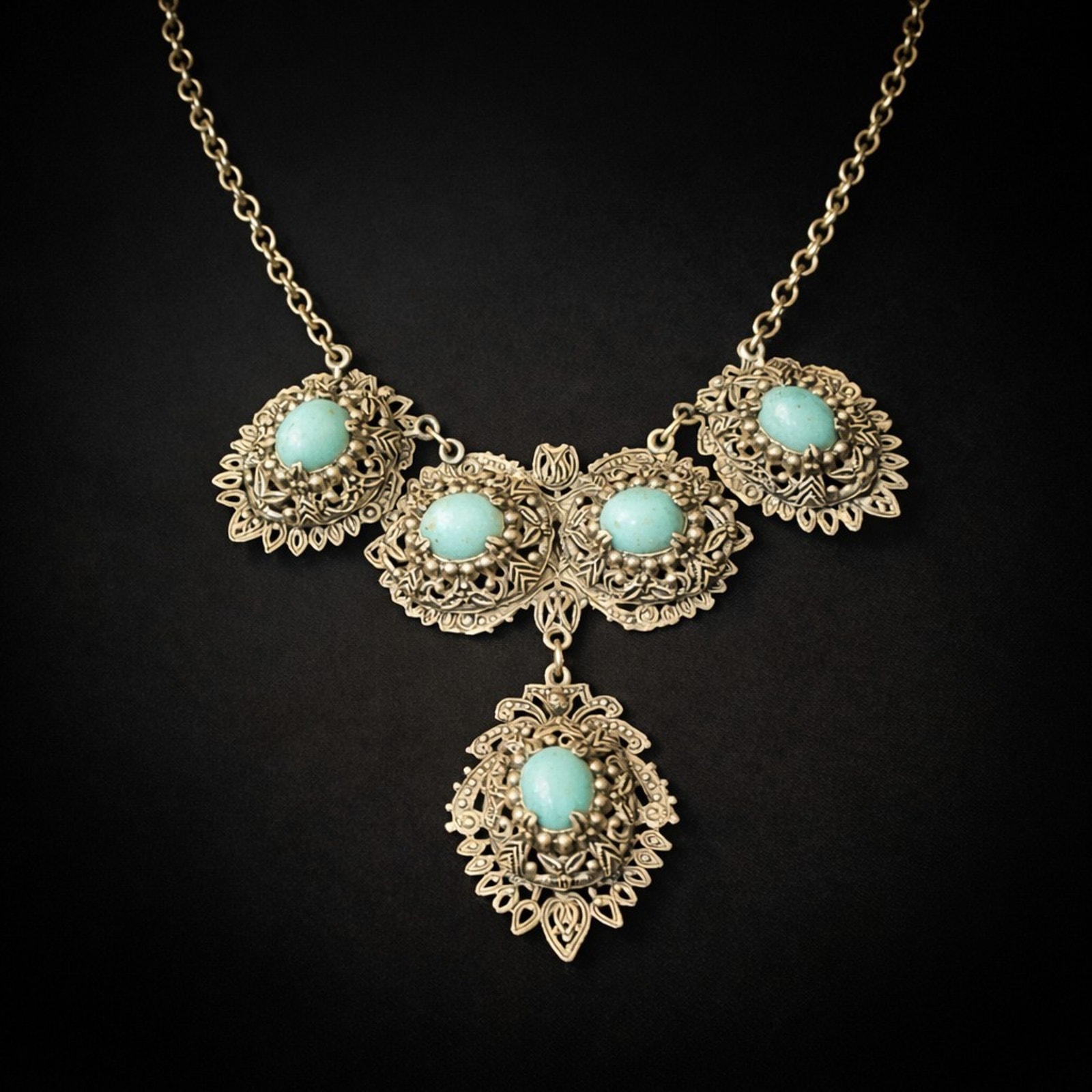 Antique Victorian Massive Bib Necklace, Silver Aqua Blue Glass Rare Blu03-09